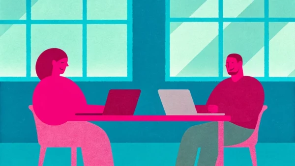 Illustration zweier Kollegen an ihren Laptops